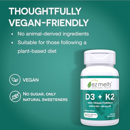EZ Melts Dissolvable Vitamin D3 K2 5,000 IU for Bone & Joint Support, Sugar-Free, 3-Month Supply
| Easy Dissolvable Vit