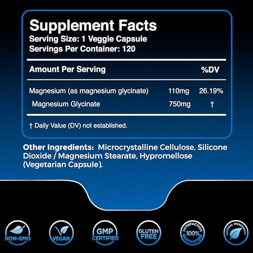 Magnesium Glycinate Capsules 750mg, 120 Count - High Absorption Magnesium Supplement for Women and Men - Pure Complex Gl