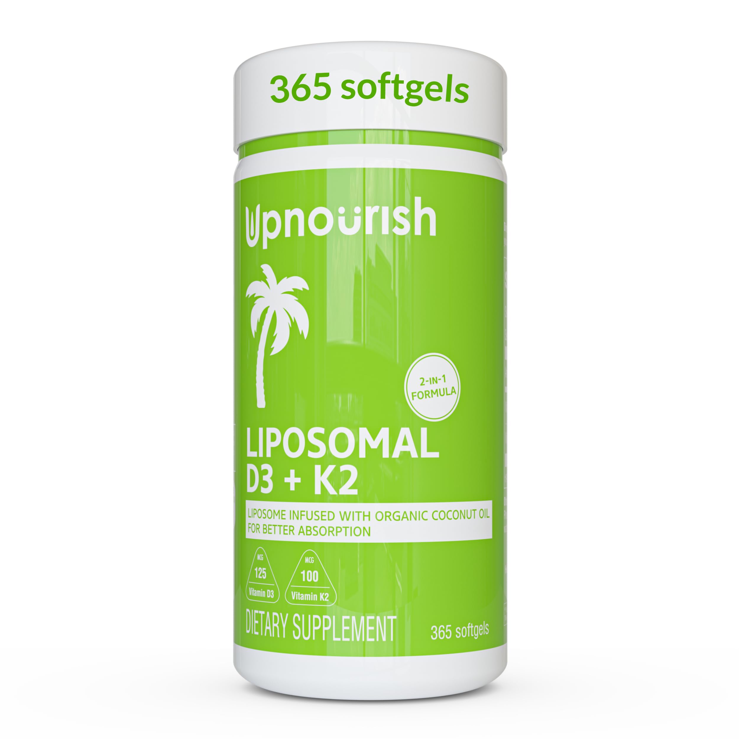 UpNourish Liposomal D3 & K2 MK-7, Advanced Absorption for Optimal Bone and Immune Health, 365 Mini Softgels  
UpNourish